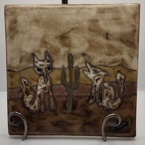 Mara Stoneware Made in Mexico Hand Painted Handmade Tile Trivet Coyotes